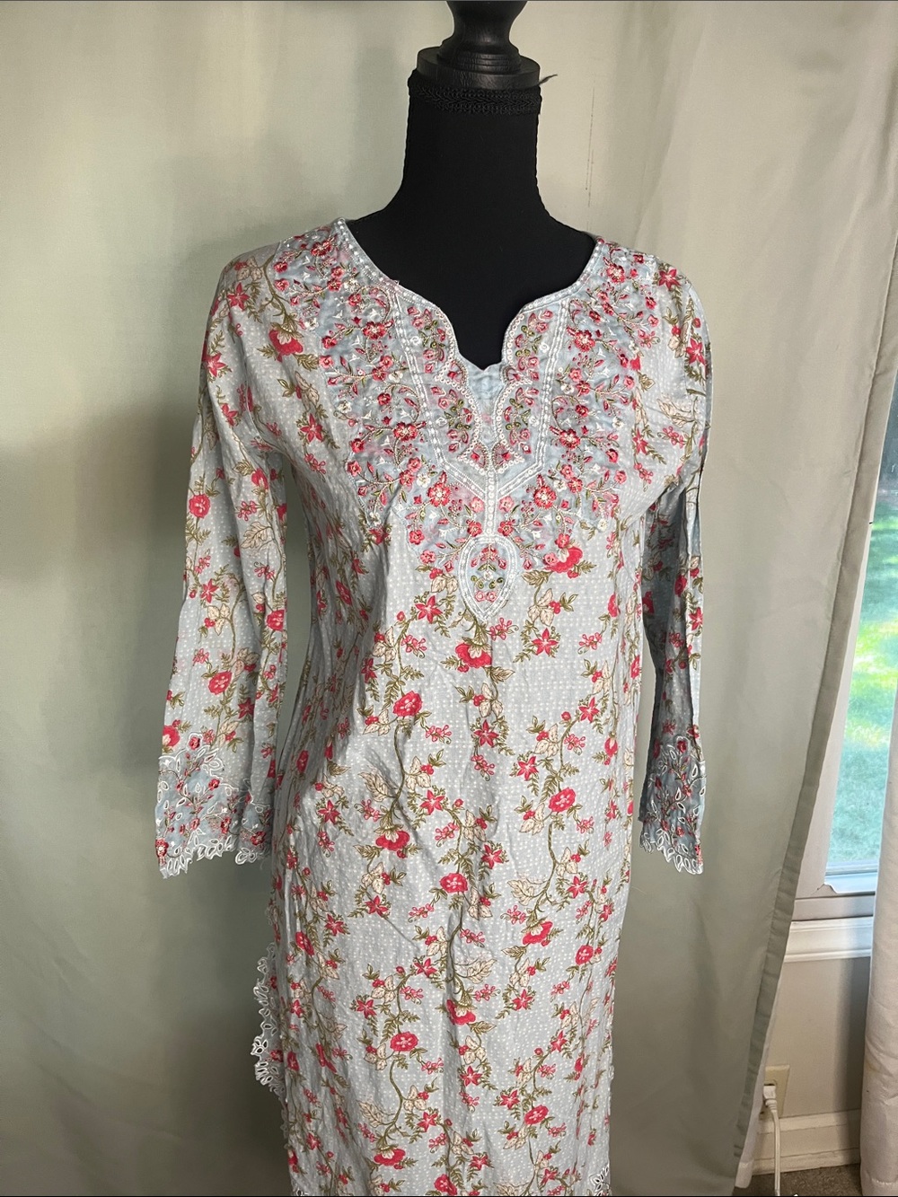 Light Blue Floral Embroidered Tunic Kurti with Pink Accents